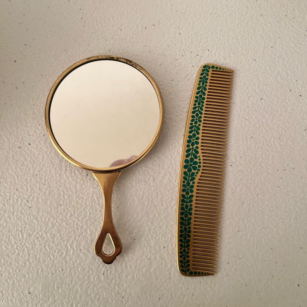 Vintage Gold Hand Mirror And Gold Metal Comb